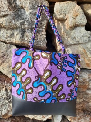 Sac fourre tout réversible simili wax mauve et bleu