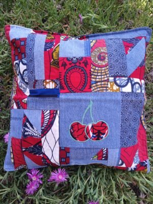 Housse coussin Cerises bleu et rouge