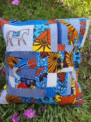 Housse coussin  cheval  orange et bleu