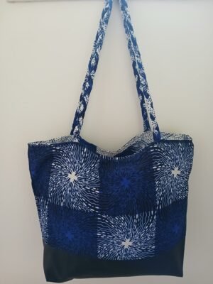 Sac fourre tout réversible simili wax bleu et blanc