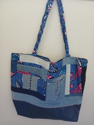 Sac fourre tout réversible simili wax patchwork rose et bleu