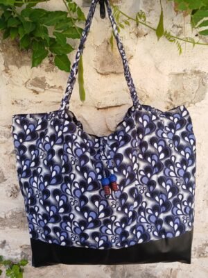Sac fourre tout réversible simili wax XXL bleu et noir