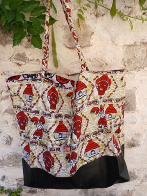 Sac fourre tout simili wax XXL rouge et beige