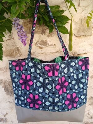 Sac fourre tout réversible simili wax rose et vert