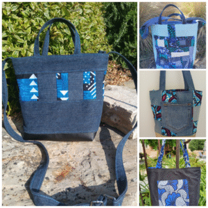 Sac Patchwork carrés Wax turquoise et jean