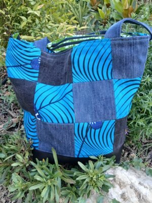 Sac Patchwork carrés Wax turquoise et jean