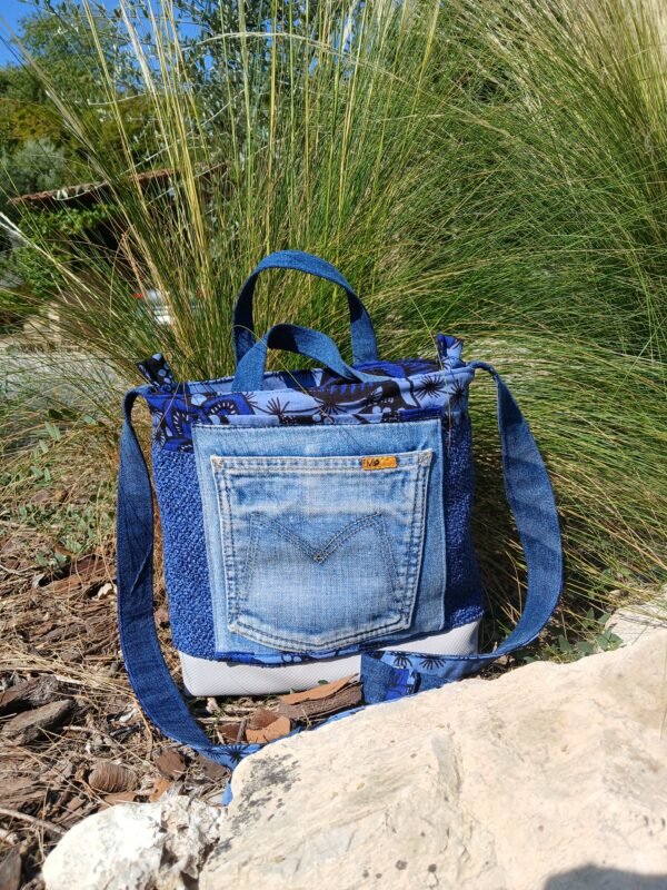 Sac bleu roi poche patchwork jean