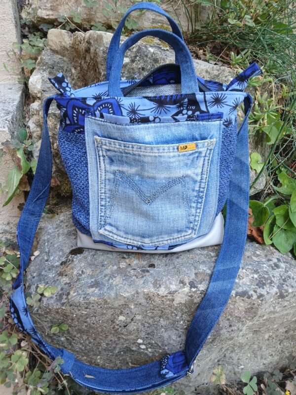 Sac bleu roi poche patchwork jean