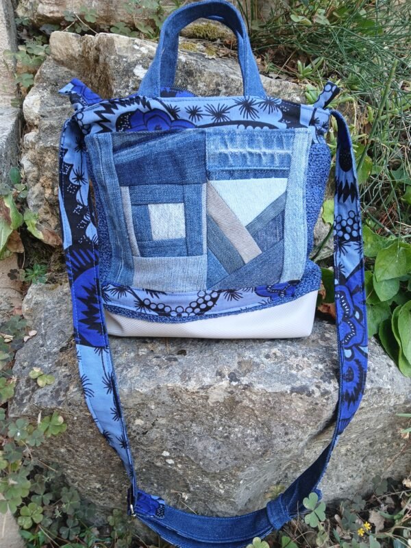 Sac bleu roi poche patchwork jean