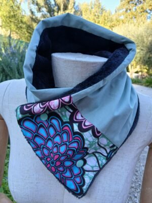 Cache cou Uni vert et Wax  fleur bleue