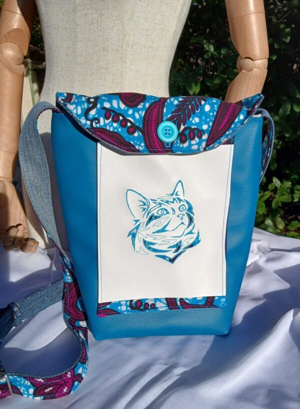 Sac Bandoulière multipoches chat bleu