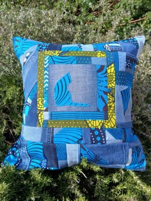 Housse coussin chat turquoise jaune